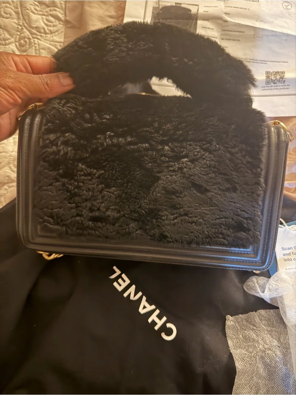 CHANEL Black Faux Fur Boy Shoulder Bag with Gold Hardware